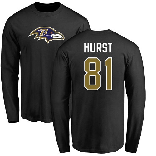 Men Baltimore Ravens Black Hayden Hurst Name and Number Logo NFL Football 81 Long Sleeve T Shirt